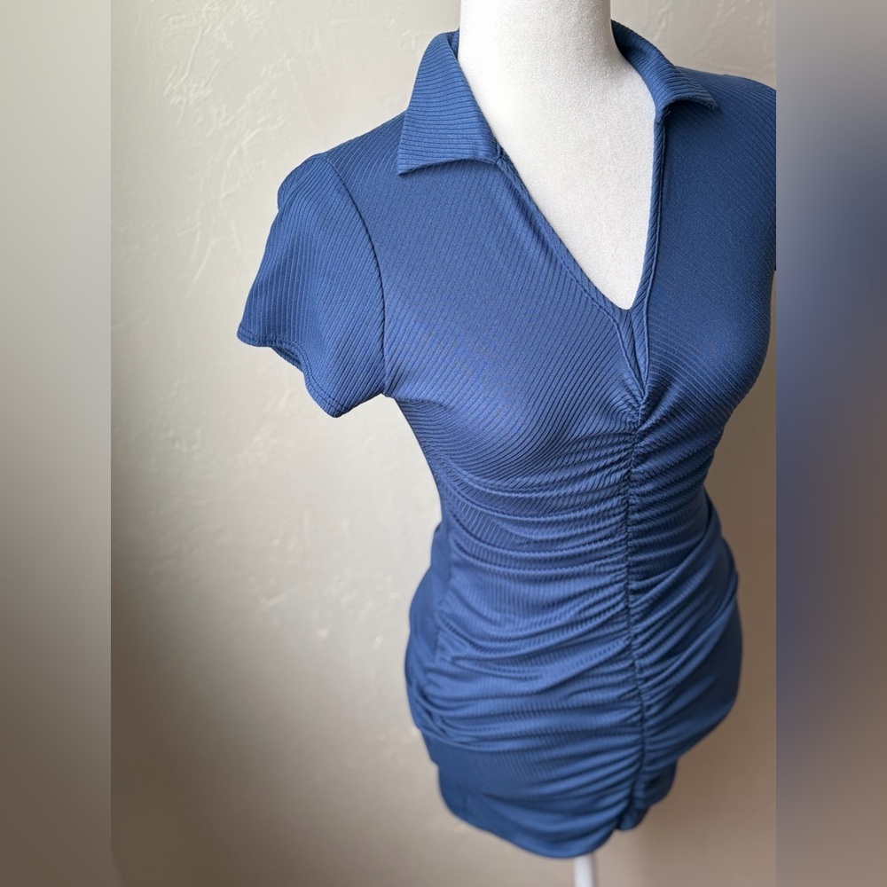 LIVI by Olivia Rae Ruched Ribbed Polo Mini Dress Blue XS - Picture 4 of 9